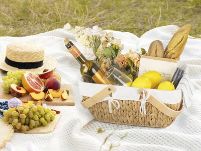 Cestino da picnic con cibo in legno, cestini pieghevoli zaino per 4 persone con ruote